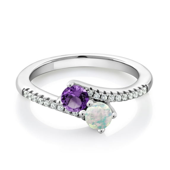 Gem Stone King 925 Sterling Silver Purple Amethyst and White Opal Bypass Ring for Women (0.74 Cttw, Gemstone February Birthstone, Round 4MM, Available in Size 5, 6, 7, 8, 9)