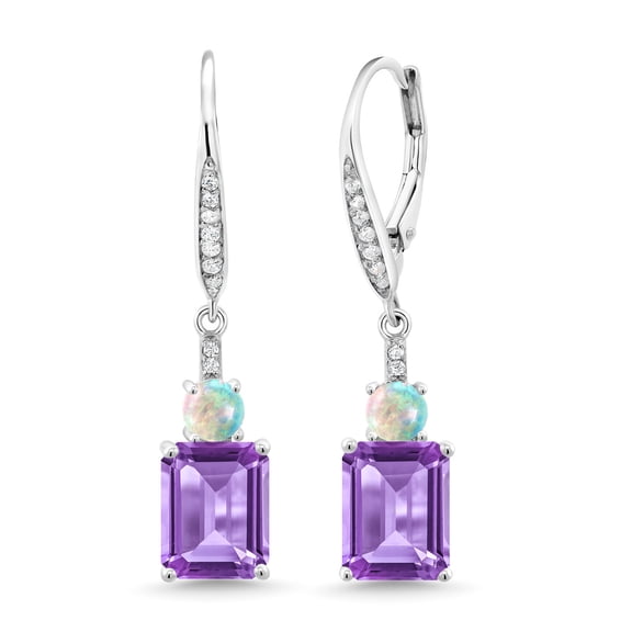 Gem Stone King 925 Sterling Silver Purple Amethyst and White Opal Dangle Earrings for Women (5.50 Cttw, Gemstone February Birthstone, Emerald Cut 9X7MM)