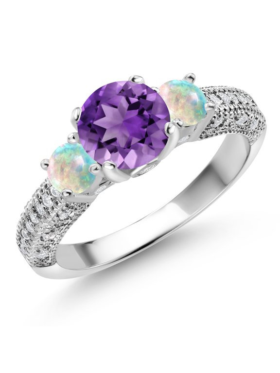 925 Sterling Silver Purple Amethyst White Opal and White Moissanite Engagement Ring for Women (1.78 Cttw, Gemstone February Birthstone, Round 7MM and 4MM, Size 8)