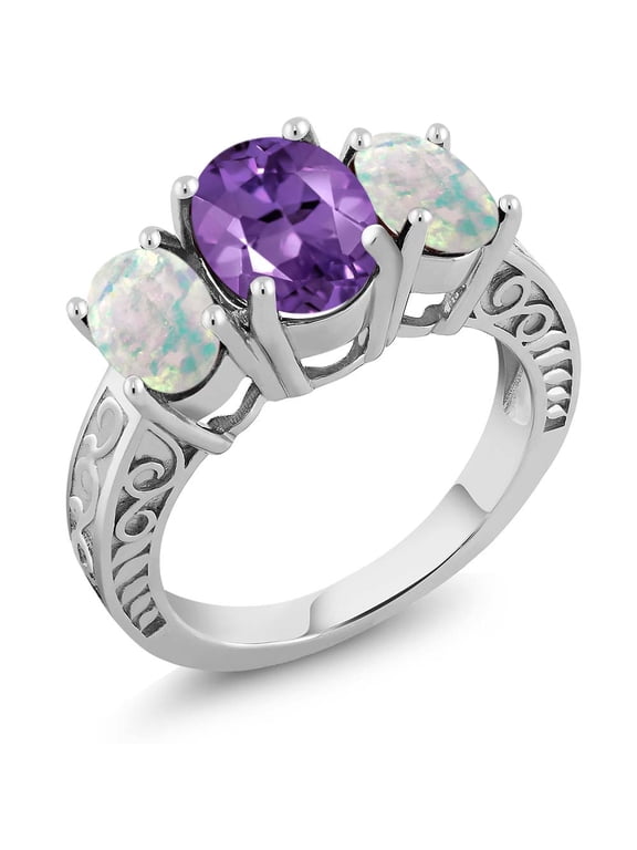 925 Sterling Silver Purple Amethyst and White Simulated Opal 3-Stone Ring for Women (2.92 Cttw, Oval 9X7MM and 7X5MM, Gemstone Birthstone, Size 7)