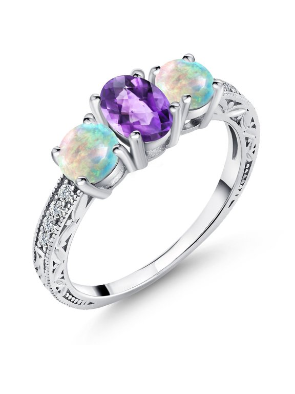 925 Sterling Silver Purple Amethyst and White Simulated Opal Engagement Ring for Women (1.87 Cttw, Oval Checkerboard Gemstone Birthstone, Size 8)