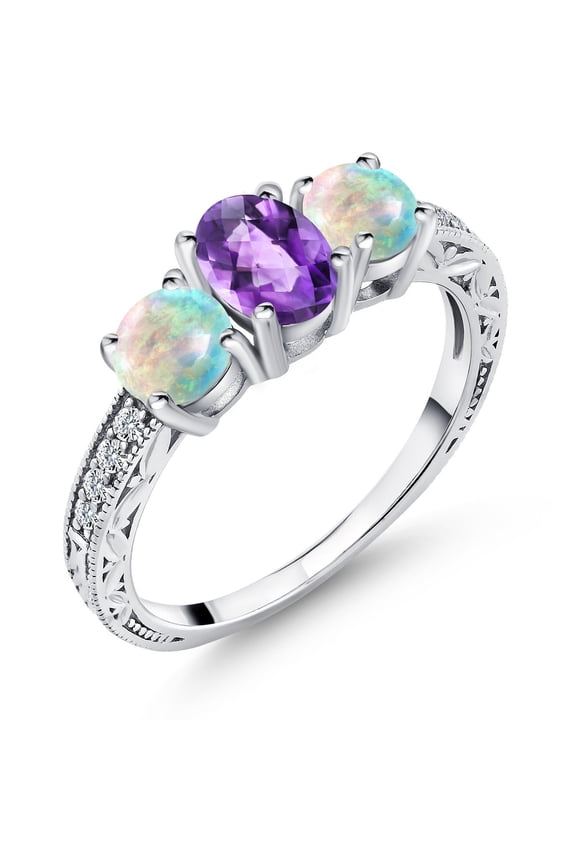 925 Sterling Silver Purple Amethyst and White Simulated Opal Engagement Ring for Women (1.87 Cttw, Oval Checkerboard Gemstone Birthstone, Size 6)