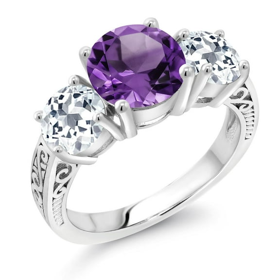 Gem Stone King 3.50 Cttw Purple Amethyst and White Topaz 3-Stone Women Ring | 925 Sterling Silver | Gemstone Birthstone | Three Stone Wedding Engagement Anniversary Promise Ring for Women | Size 7