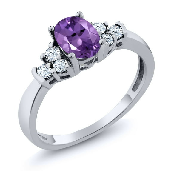 Gem Stone King 925 Sterling Silver Purple Amethyst and White Topaz Engagement Ring for Women (0.69 Cttw, Oval 6X4MM, Gemstone Birthstone, Available in Size 5, 6, 7, 8, 9)