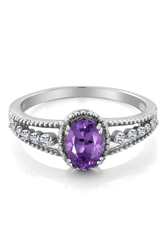 925 Sterling Silver Purple Amethyst and White Topaz Engagement Ring for Women | 0.96 Cttw | Gemstone Birthstone | Available in Size 5, 6, 7, 8, 9