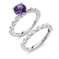 thumbnail image 1 of Gem Stone King 925 Sterling Silver Purple Amethyst and White Topaz Wedding Engagement Ring Band Bridal Set for Women (2.56 Cttw, Gemstone February Birthstone, Round 7MM, Size 5), 1 of 4