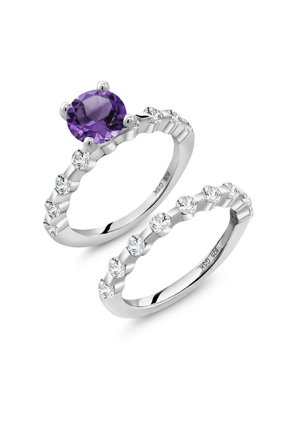 925 Sterling Silver Purple Amethyst and White Topaz Wedding Engagement Ring Band Bridal Set for Women (2.56 Cttw, Gemstone February Birthstone, Round 7MM, Size 6)