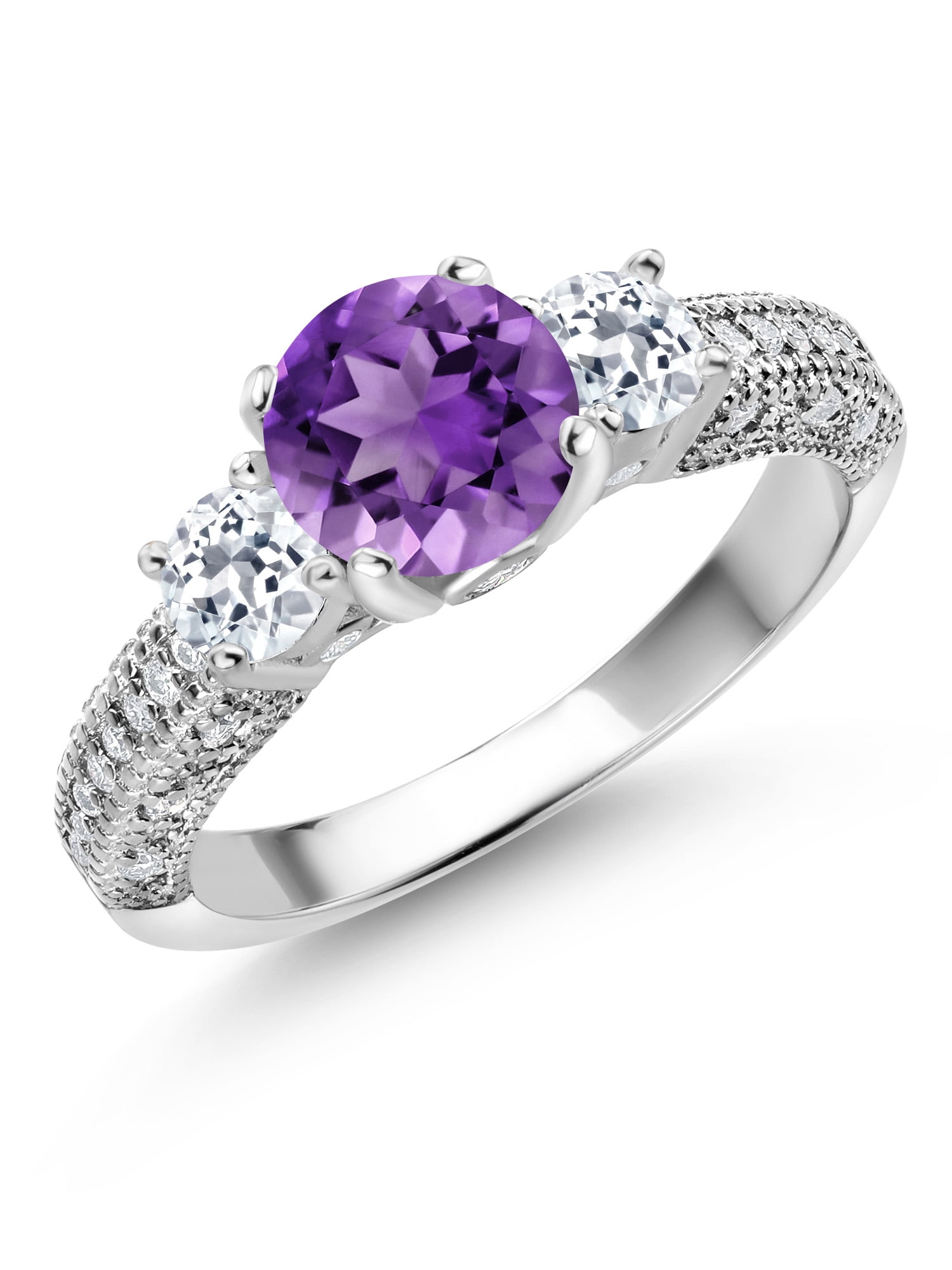 Bague En Argent Sterling Avec Améthyste Violette & Topaze Blanche - Taille 7 (Neuve Sans Boîte)