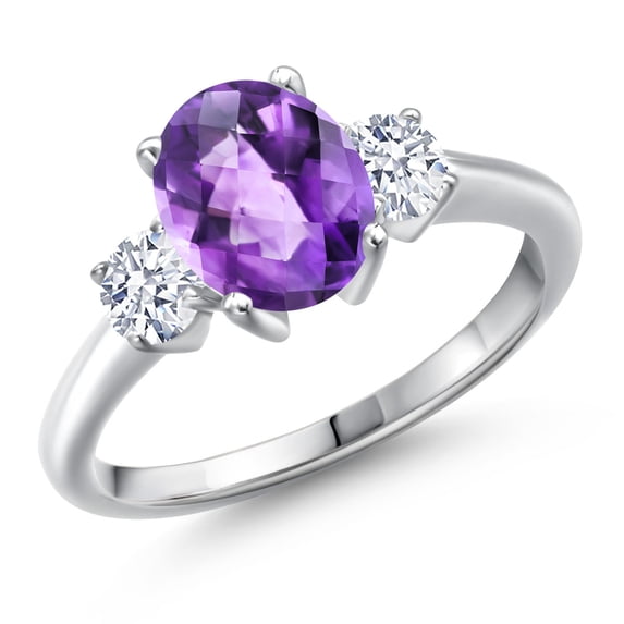 Gem Stone King 925 Sterling Silver Purple Amethyst and White Zirconia Engagement Ring for Women | 2.00 Cttw | Oval Checkerboard 9X7MM | Gemstone February Birthstone | Size 6