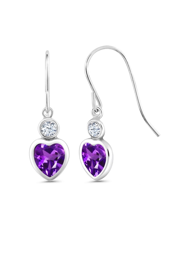 925 Sterling Silver Purple Amethyst and White Zirconia French Wire Dangle Hook Earrings for Women (1.82 Cttw, Gemstone February Birthstone, Heart Shape 6MM)