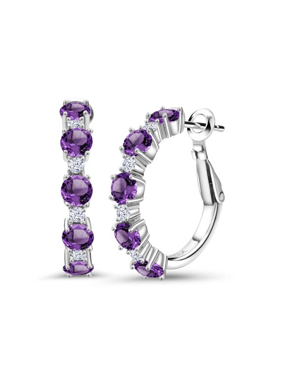 2.74 Cttw Purple Amethyst Hoop Earrings for Women | 925 Sterling Silver | Round 4MM and 1.9MM | Gemstone Birthstone | 1 inch Diameter
