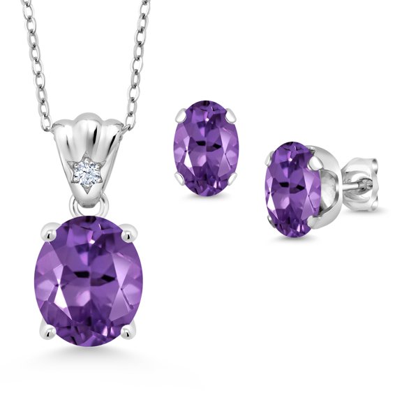 Gem Stone King 925 Sterling Silver Purple Amethyst and White Zirconia Pendant and Earrings Jewelry Set for Women (5.53 Cttw, Gemstone Birthstone, Oval 11X9MM and 8X6MM with 18 inch Silver Chain)