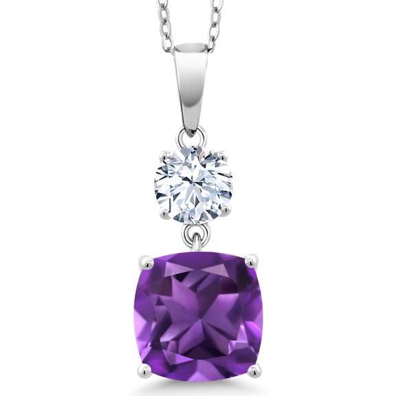 Gem Stone King 4.50 Cttw Purple Amethyst Pendant Necklace for Women | 925 Sterling Silver | Gemstone February Birthstone | Cushion 10MM | Round 6MM