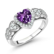 GEM STONE KING 925 Sterling Silver Purple Amethyst Women Ring (1.23 Cttw, Heart Shape 6MM, Gemstone Birthstone, Available in Size 5, 6, 7, 8, 9)