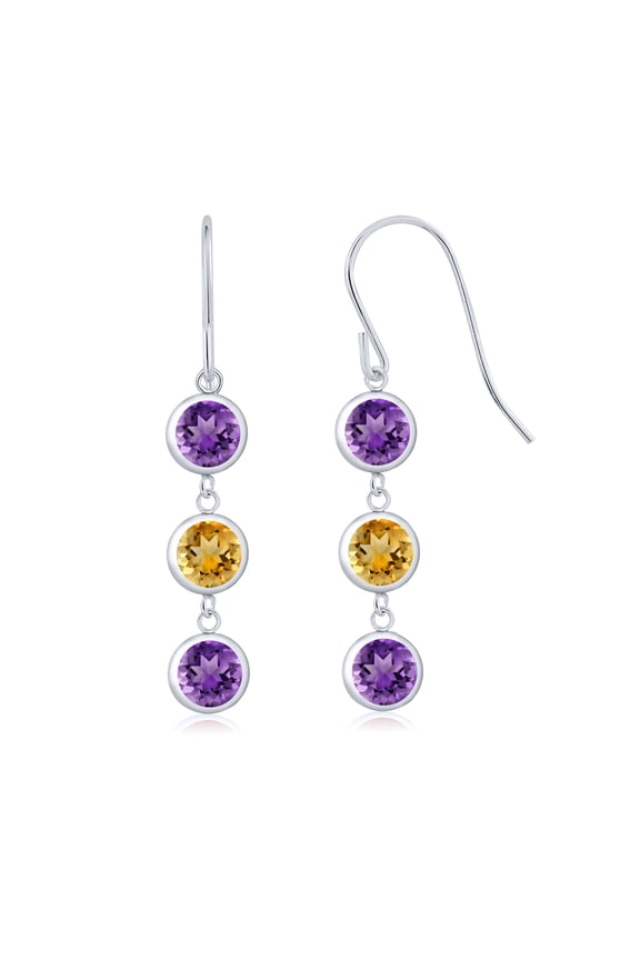 925 Sterling Silver Purple Amethyst and Yellow Citrine 3 Stone French Wire Dangle Earrings for Women (2.70 Cttw, Gemstone February Birthstone, Round 5MM)