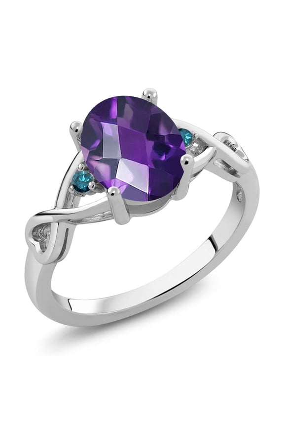 925 Sterling Silver Purple Amethyst and Blue Diamond Women Ring (1.56 Ct Oval Checkerboard, Size 6)