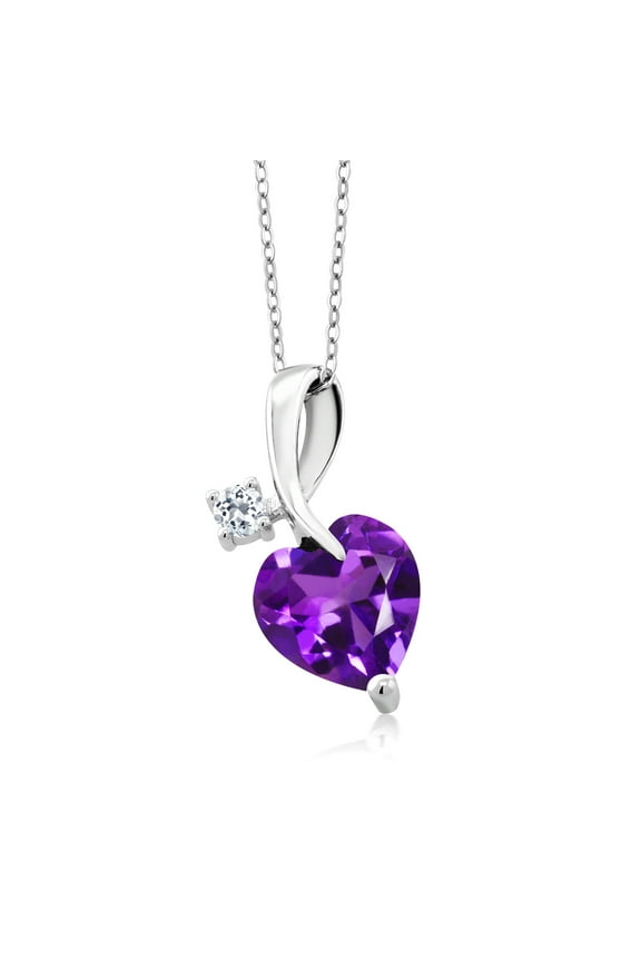 925 Sterling Silver Purple Amethyst and White Topaz Pendant Necklace for Women (2.44 Ct Heart Shape with 18 inch Silver Chain)