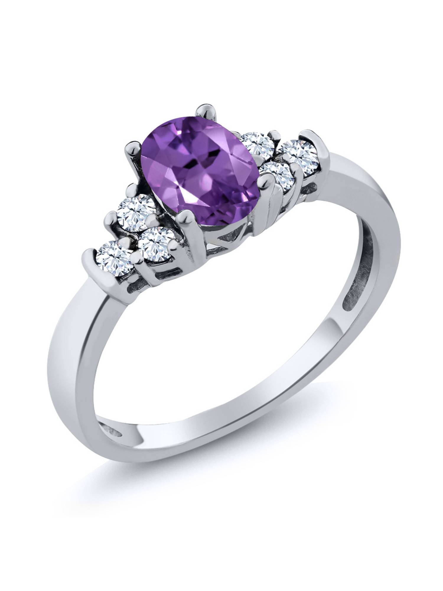 Gem Stone King 925 Sterling Silver Purple Amethyst and White Topaz Engagement Ring for Women (0.69 Cttw, Oval 6X4MM, Gemstone Birthstone, Available in Size 5, 6, 7, 8, 9)
