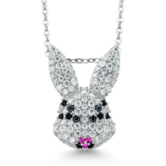 Gem Stone King 925 Sterling Silver Rabbit Bunny Animal White Moissanite Created Ruby and Black Spinel Pendant Necklace for Women Keren Hanan  (0.83 Cttw, 19X13MM, with 18 inches Silver Chain)