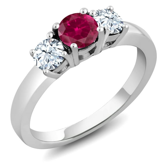 Gem Stone King 925 Sterling Silver Red Created Ruby 3-Stone Ring 1.00 Cttw Three Stone Wedding Engagement Anniversary Promise Ring for Women (Size 9)