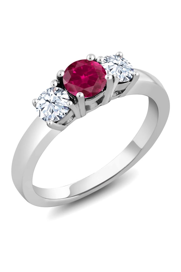 925 Sterling Silver Red Created Ruby 3-Stone Ring 1.00 Cttw Three Stone Wedding Engagement Anniversary Promise Ring for Women (Size 5)