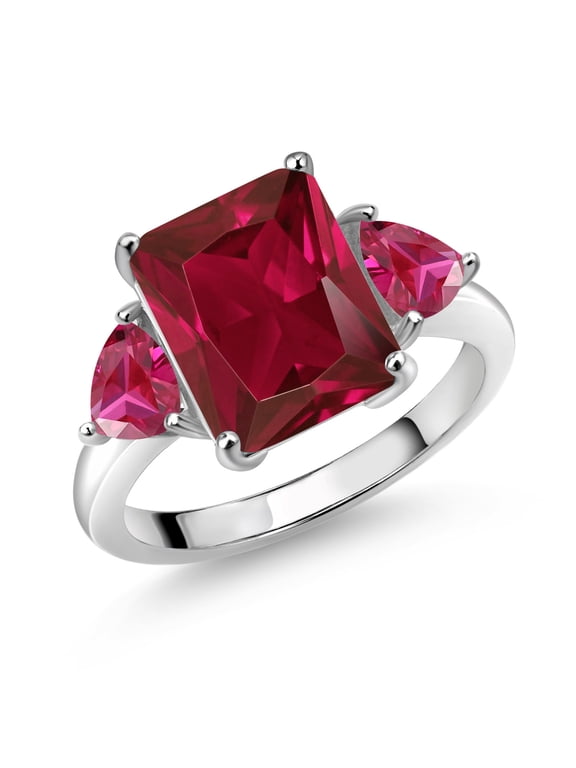 925 Sterling Silver Red Created Ruby 3 Stone Ring for Women (6.56 Cttw, Octagon 12X10MM, Trillion 5X5MM, Gemstone July Birthstone, Size 7)