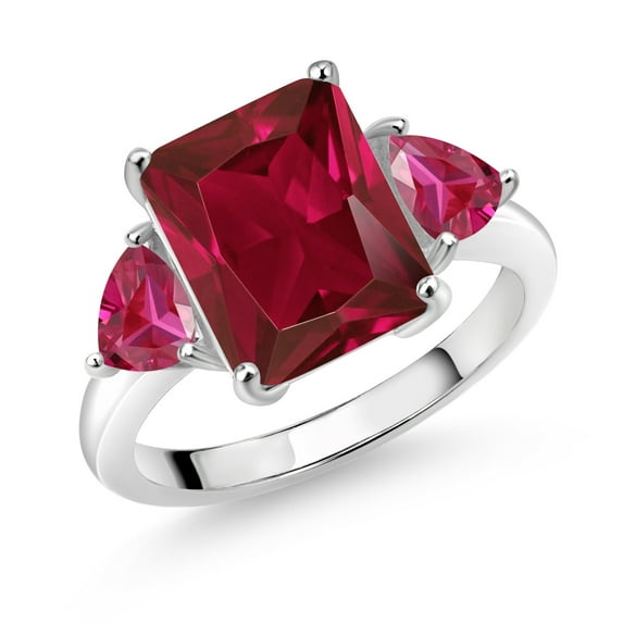 Gem Stone King 925 Sterling Silver Red Created Ruby 3 Stone Ring for Women (6.56 Cttw, Octagon 12X10MM, Trillion 5X5MM, Gemstone July Birthstone, Size 8)