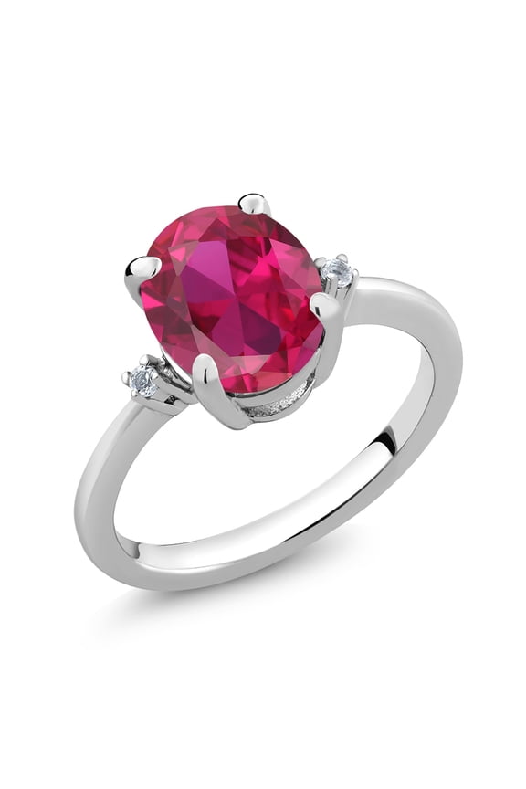 925 Sterling Silver Red Created Ruby 3 Stone Ring for Women (2.53 Cttw, Oval 10X8MM, Gemstone July Birthstone, Size 8)