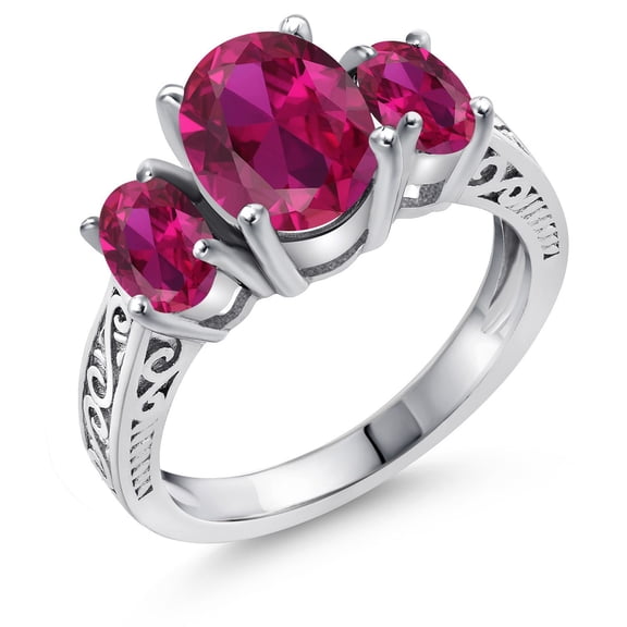 Gem Stone King 925 Sterling Silver Red Created Ruby 3 Stone Ring for Women (3.00 Cttw, Oval 9X7MM, Gemstone July Birthstone, Size 7)