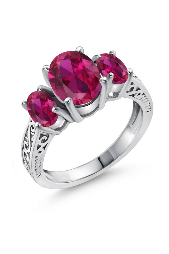 925 Sterling Silver Red Created Ruby 3 Stone Ring for Women (3.00 Cttw, Oval 9X7MM, Gemstone July Birthstone, Size )