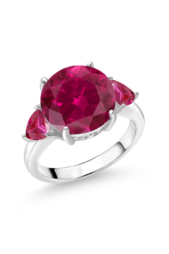 925 Sterling Silver Red Created Ruby 3-Stone Ring for Women (7.86 Cttw, Round 12MM, Trillion 5MM, Size 7)