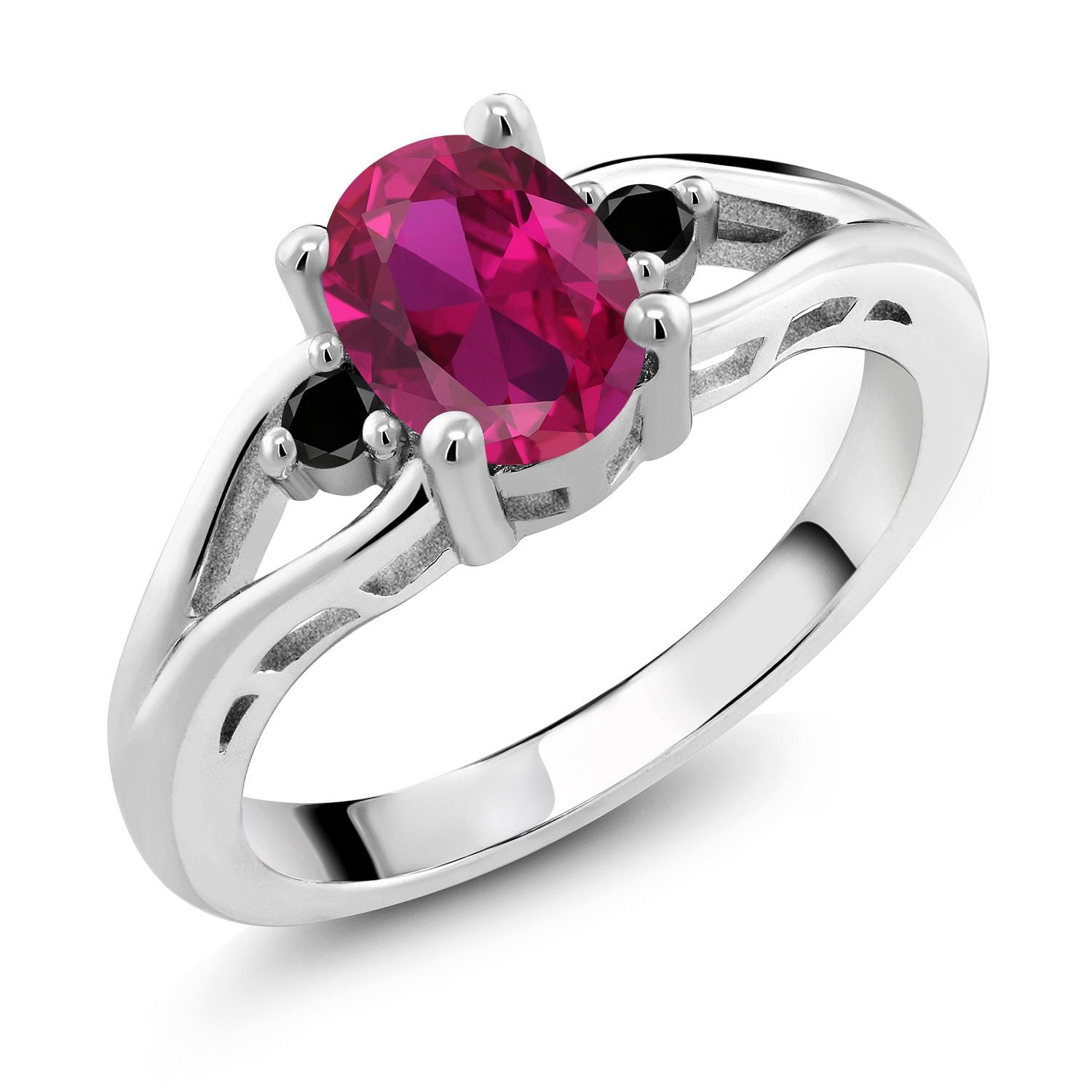 Gem Stone King 925 Sterling Silver Red Created Ruby and Black Diamond 3 Stone Engagement Ring for Women | 1.22 Cttw | Oval 8X6MM | Round 2MM | Gemstone July Birthstone | Size 5