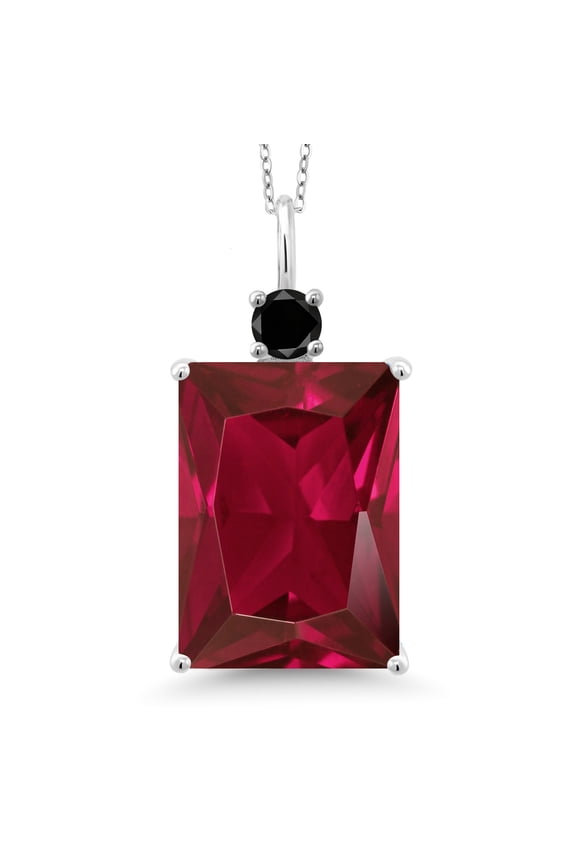 925 Sterling Silver Red Created Ruby and Black Diamond Pendant Necklace for Women (20.27 Cttw, Emerald Cut 18X13MM, With 18 inch Silver Chain)