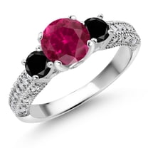 Gem Stone King 925 Sterling Silver Red Created Ruby Black Diamond and White Moissanite Engagement Ring for Women (2.17 Cttw, Gemstone July Birthstone, Round 7MM and 4MM, Size 8)