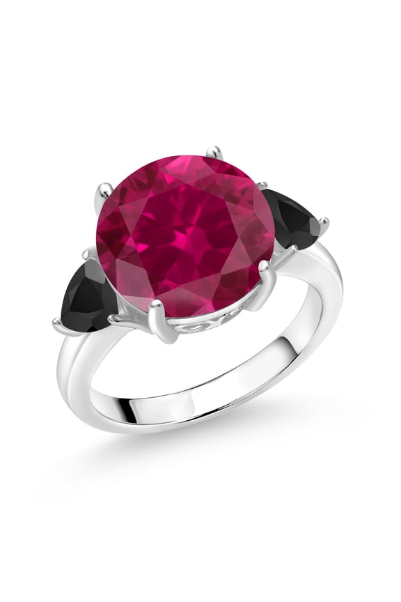 925 Sterling Silver Red Created Ruby and Black Onyx 3-Stone Ring for Women (7.72 Cttw, Round 12MM, Trillion 5MM, Size 9)