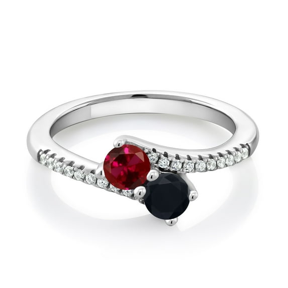 Gem Stone King 925 Sterling Silver Red Created Ruby and Black Onyx Bypass Ring for Women (0.71 Cttw, Gemstone July Birthstone, Round 4MM, Available in Size 5, 6, 7, 8, 9)