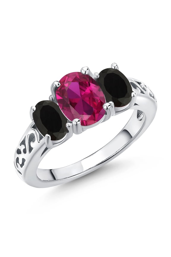 925 Sterling Silver Red Created Ruby and Black Onyx Filigree Style 3 Stone Ring for Women (2.15 Cttw, Oval 8X6MM and 6X4MM, Size 6)