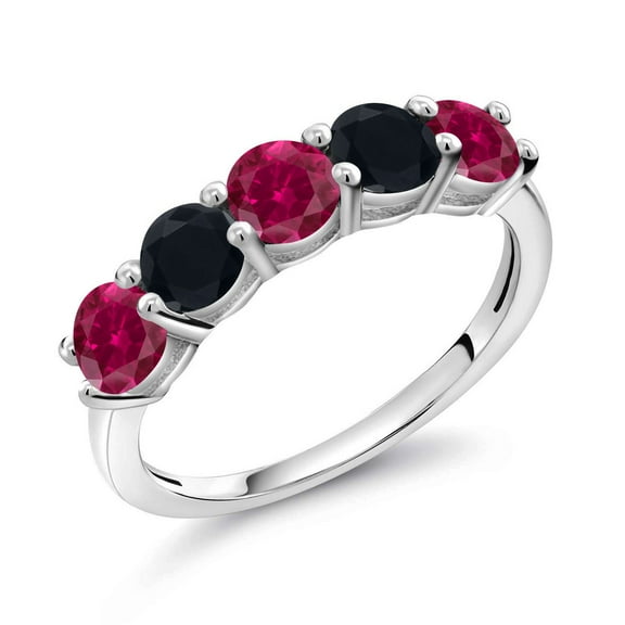 Gem Stone King 925 Sterling Silver Red Created Ruby and Black Onyx Wedding Band Ring for Women (1.01 Cttw, Round 3.5MM, Gemstone July Birthstone, Size 6)