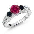 thumbnail image 1 of Gem Stone King 925 Sterling Silver Red Created Ruby Black Onyx and White Moissanite Engagement Ring for Women (1.47 Cttw, Gemstone July Birthstone, Round 6MM and 3MM, Size 9), 1 of 4