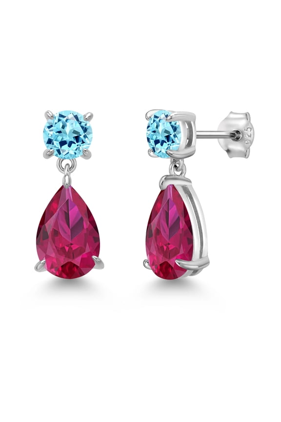 925 Sterling Silver Red Created Ruby and Blue Apatite Teardrop Dangle Drop Earrings for Women (8.60 Cttw, Gemstone Birthstone, Pear Shape 12x8MM, Round 6MM)