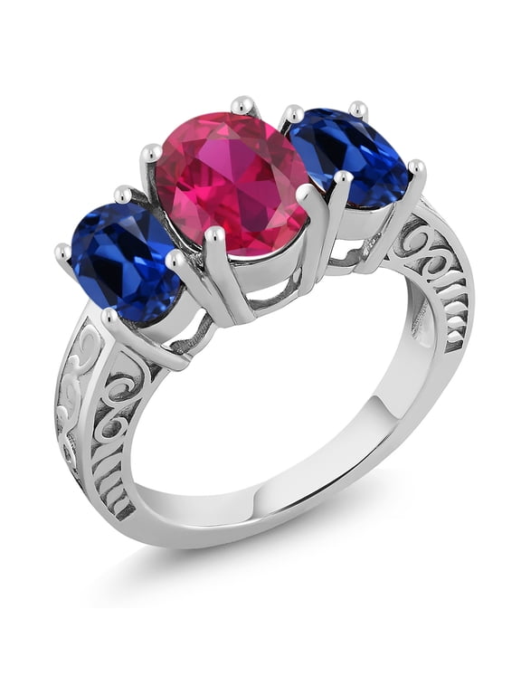 925 Sterling Silver Red Created Ruby and Blue Created Sapphire 3-Stone Ring for Women (4.00 Cttw, Gemstone Birthstone, Size 5)