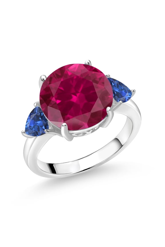 925 Sterling Silver Red Created Ruby and Blue Created Sapphire 3-Stone Ring for Women (8.08 Cttw, Round 12MM, Trillion 5MM, Size 5)