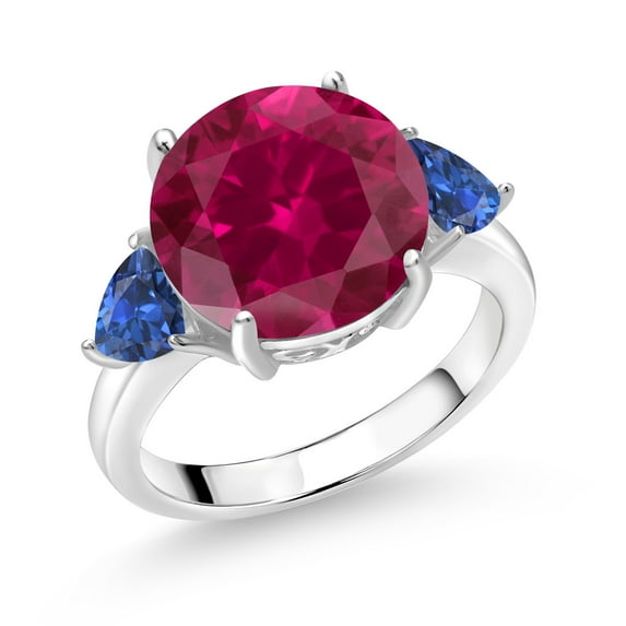 Gem Stone King 925 Sterling Silver Red Created Ruby and Blue Created Sapphire 3-Stone Ring for Women (8.08 Cttw, Round 12MM, Trillion 5MM, Size 7)