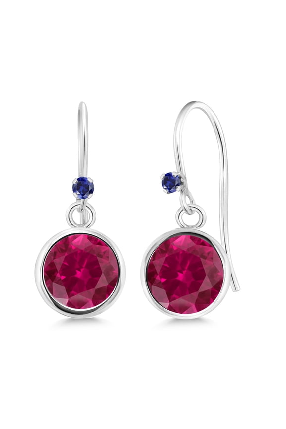 925 Sterling Silver Red Created Ruby Blue Created Sapphire 925 Silver Dangle Earrings for Women (2.02 cttw, Round 6MM)