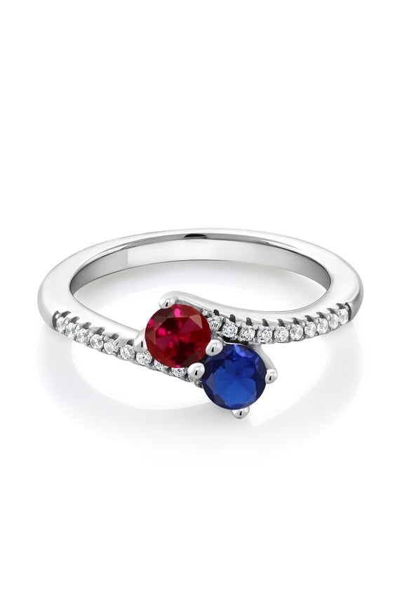 925 Sterling Silver Red Created Ruby and Blue Created Sapphire Bypass Ring for Women (0.74 Cttw, Gemstone July Birthstone, Round 4MM, Available in Size 5, 6, 7, 8, 9)