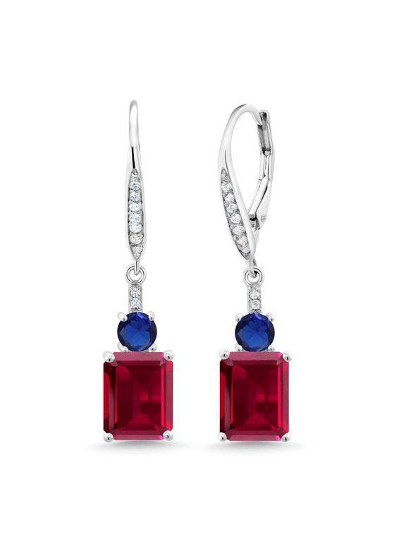 925 Sterling Silver Red Created Ruby and Blue Created Sapphire Dangle Earrings for Women (6.10 Cttw, Gemstone July Birthstone, Emerald Cut 9X7MM)