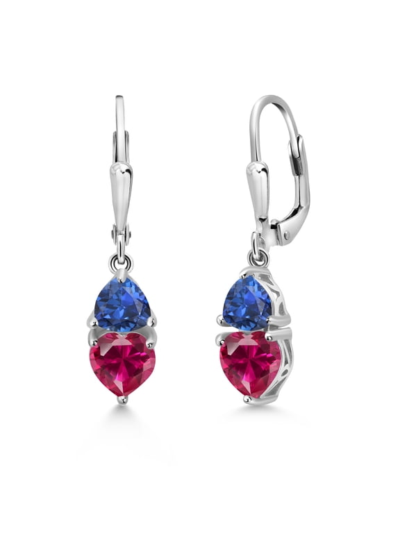 925 Sterling Silver Red Created Ruby and Blue Created Sapphire Dangle Leverback Earrings for Women (3.00 Cttw, Gemstone July Birthstone, Heart Shape 6MM, Trillion 5MM)