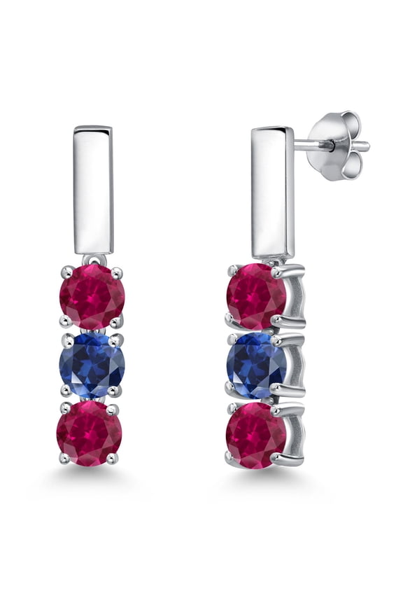 925 Sterling Silver Red Created Ruby and Blue Created Sapphire Drop Dangle Earrings for Women | 1.80 Cttw | Gemstone July Birthstone | Round 5MM