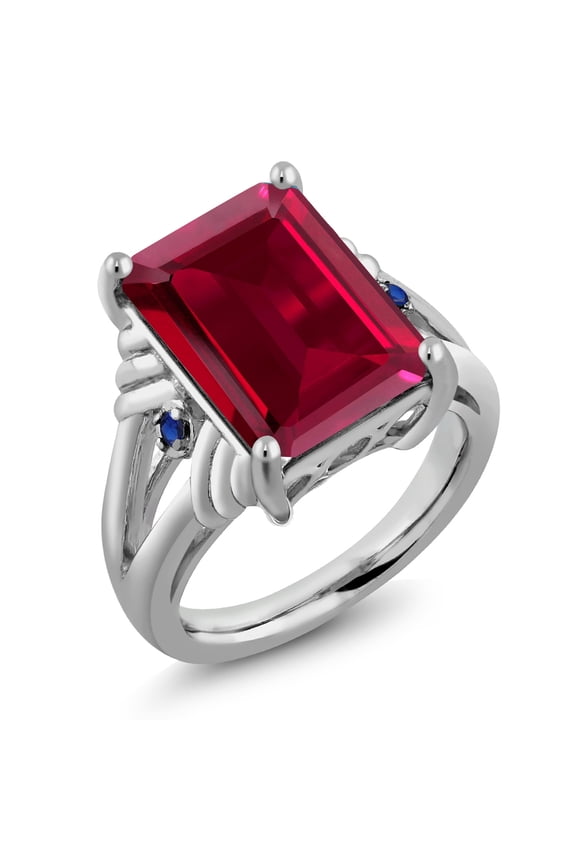 925 Sterling Silver Red Created Ruby and Blue Created Sapphire Engagement Ring for Women (8.04 Cttw, Gemstone July Birthstone, Emerald Cut 14X10MM, Size 5)