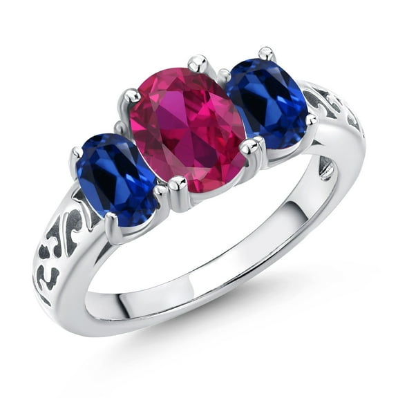 Gem Stone King 925 Sterling Silver Red Created Ruby and Blue Created Sapphire Filigree Style 3 Stone Ring for Women (2.55 Cttw, Oval 8X6MM and 6X4MM) (Size 6)